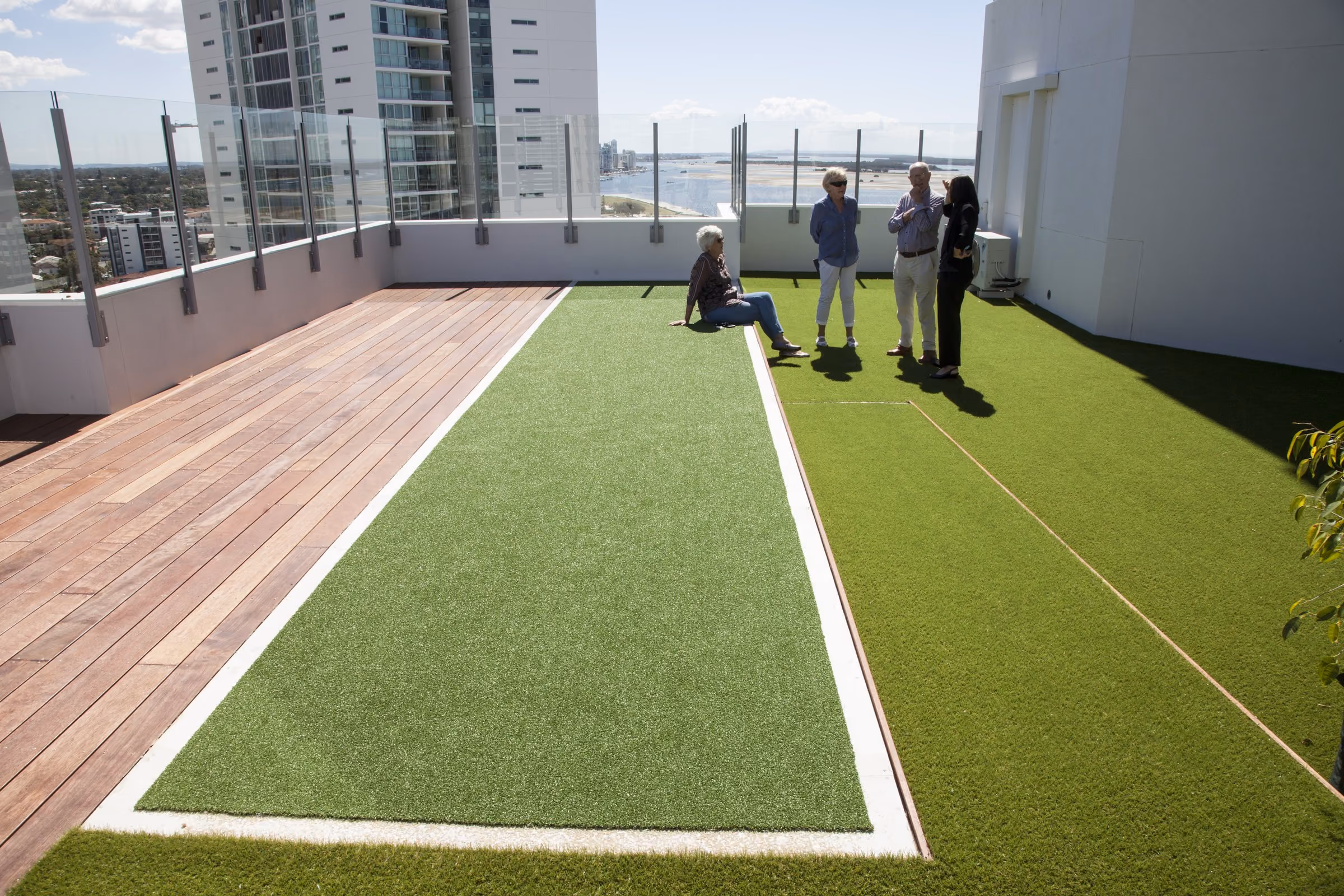 The rooftop bowling green with the Broadwater beyond